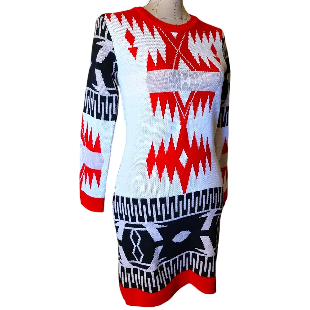 NWT One in a Million Size Small Red White Nordic Long Sleeve Sweater Mini Dress